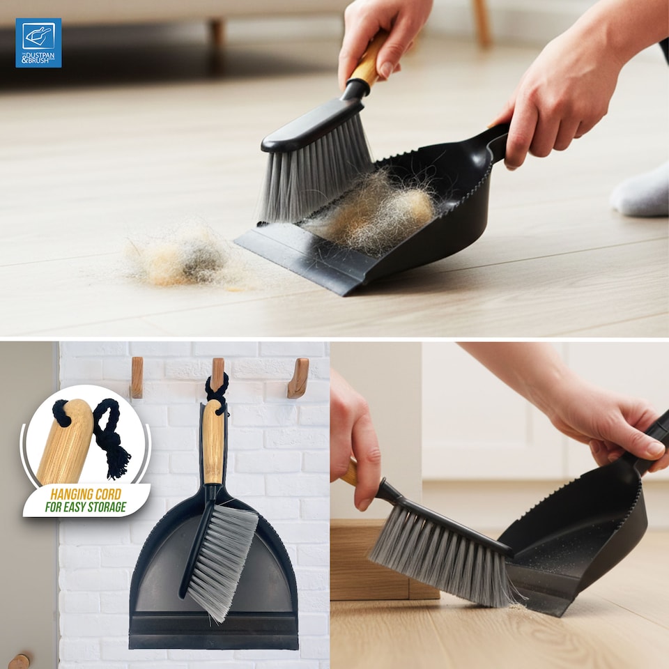 image 1 of Bamboo Handled Black Dustpan and Brush Set