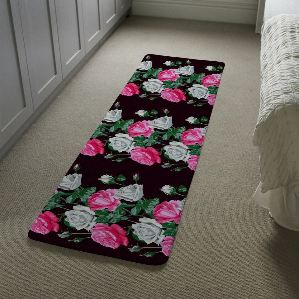 image 1 of Pattern of Pink and White Flowers (Runner Rug) Black
