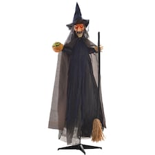 HOMCOM Halloween Witch with Broomstick Animatronic Prop with Light Up Eyes