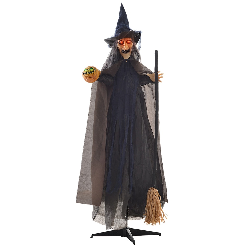 image 1 of HOMCOM Halloween Witch with Broomstick Animatronic Prop with Light Up Eyes