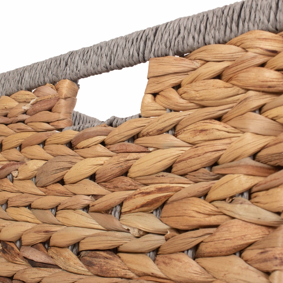 image 1 of Small Square Water Hyacinth With Grey Rope Border Storage Basket | Brown | Brown