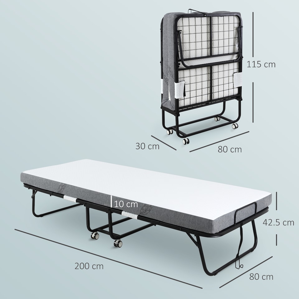 image 1 of HOMCOM Folding Bed with 10cm Mattress, Portable Foldable Guest Bed with Wheels