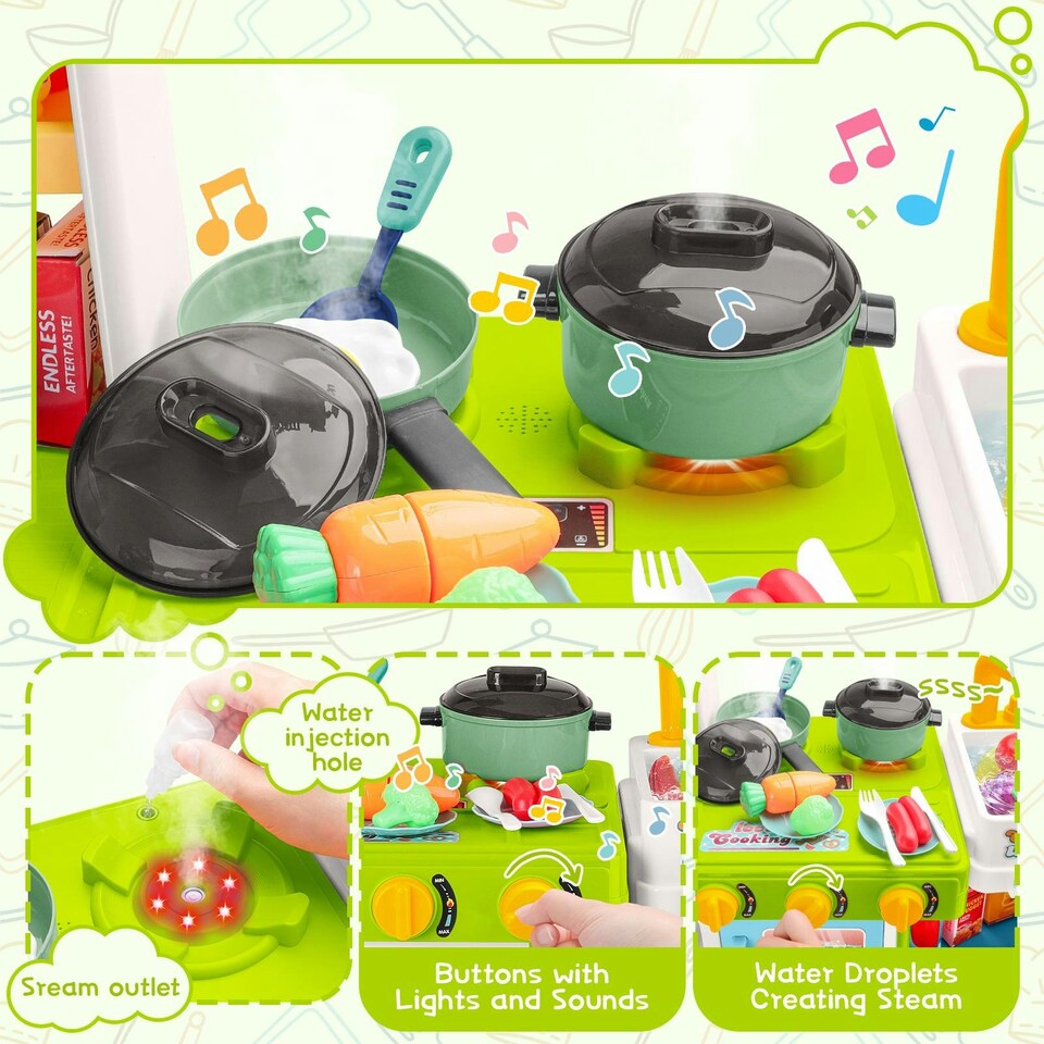 image 1 of Large Kitchen Playset for Kids (Green) - Pretend Cooking Toy Gift for Boys & Girls