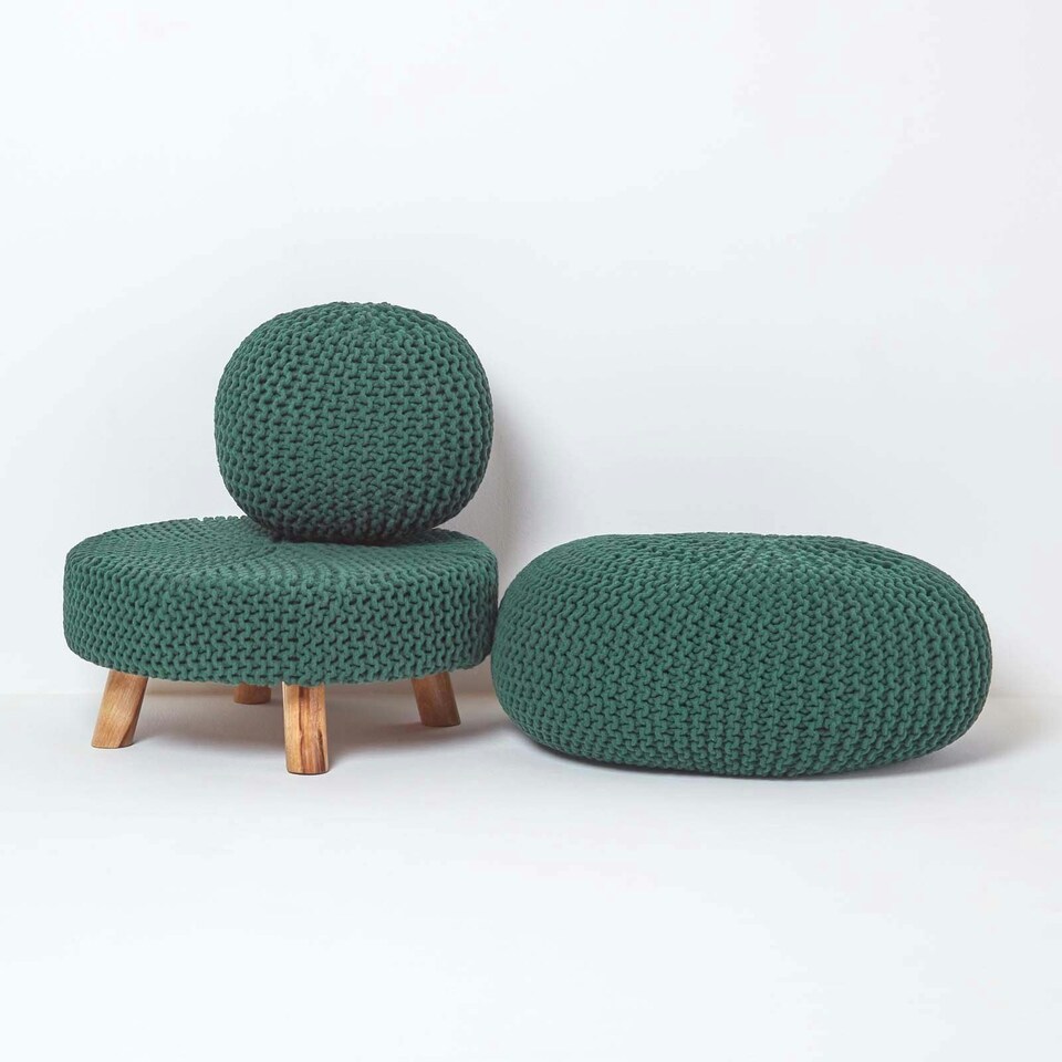 image 1 of Homescapes Forest Green Large Round Cotton Knitted Pouffe Footstool