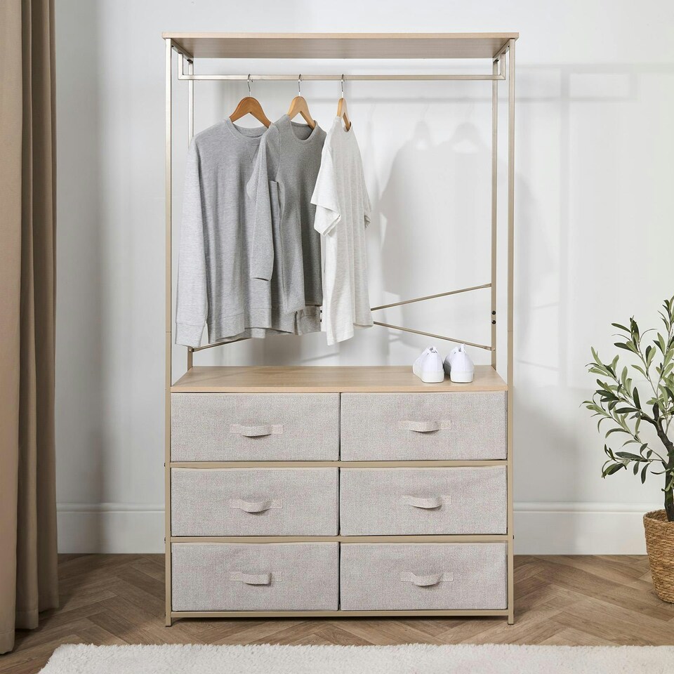 image 1 of OHS Brooklyn 6 Drawer Home Storage Fabric Display Cabinet With Hanging Rail Brown | Beige