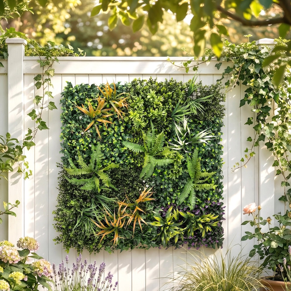 image 1 of Outsunny Grass Wall Panels, Greenery Backdrop Panels, Green | Green | Green, Yellowish-brown, Purple, White | 100 x 100 cm