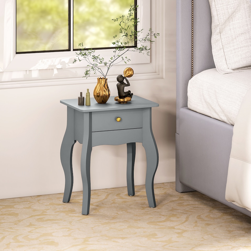 image 1 of HOMCOM French Style Side Table with Drawer, End Table with Curved Legs, Bedside Table for Living Room, Bedroom, Grey