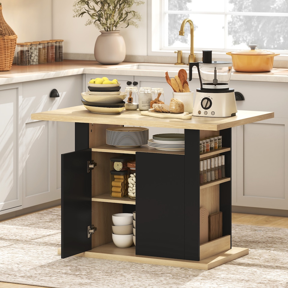image 1 of HOMCOM Kitchen Island with Storage Cabinet and Spice Rack, Black & Natural