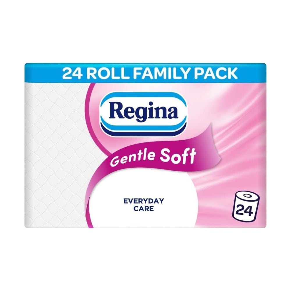 Regina Gentle Soft Toilet Tissue - 24 Rolls of 3 Ply Toilet Paper, 160 Sheets, Soft and Gentle, PCR Plastic Packaging, FSC Certificated