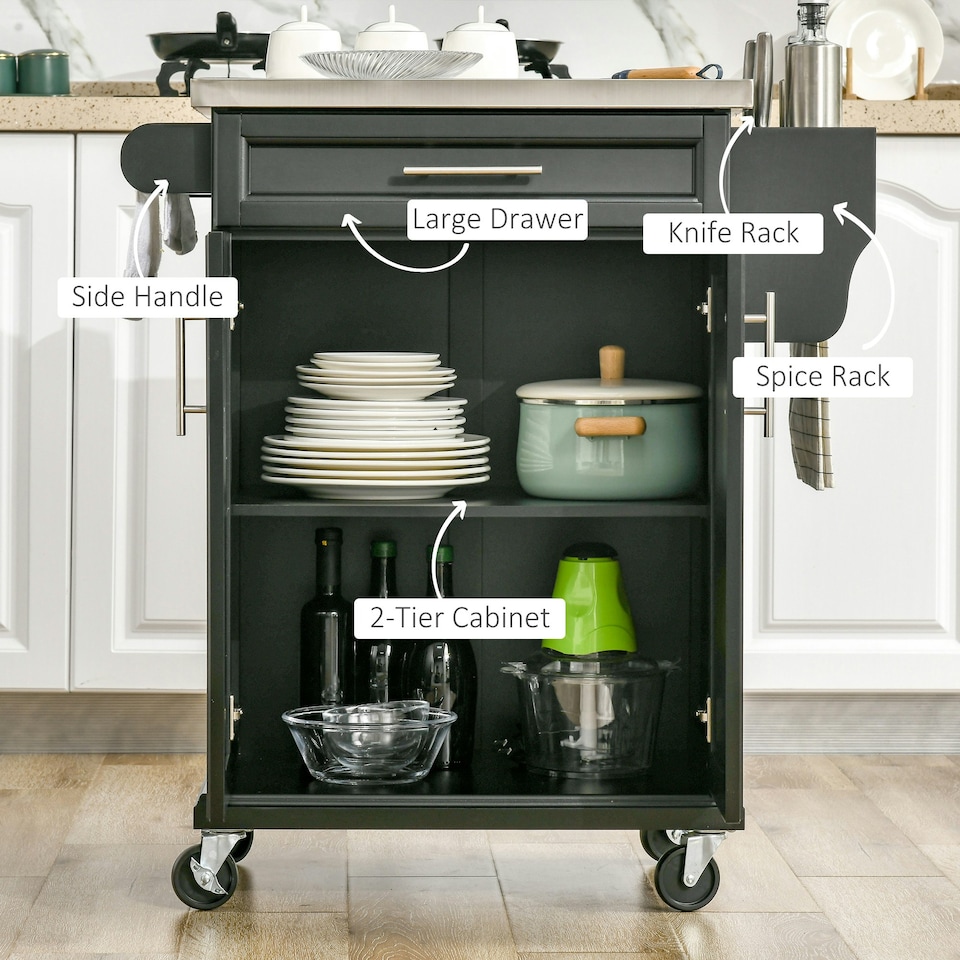 image 1 of HOMCOM Rolling Kitchen Cart Storage Trolley with Drawer Towel Rail Steel Black