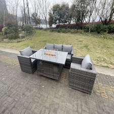 Fimous 5 Seater Outdoor PE Rattan Garden Furniture Gas Fire Pit Dining Table Lounge Sofa 2 PC Armchairs Dark Grey Mixed Patio