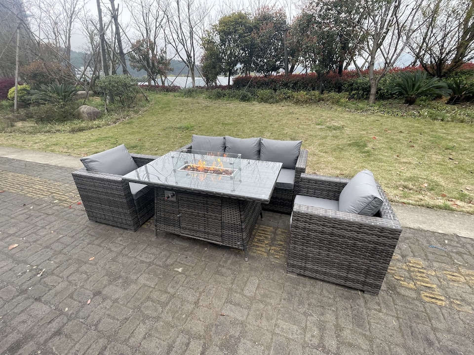 image 1 of Fimous 5 Seater Outdoor PE Rattan Garden Furniture Gas Fire Pit Dining Table Lounge Sofa 2 PC Armchairs Dark Grey Mixed Patio