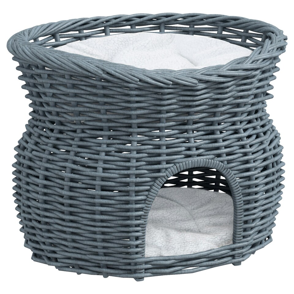image 1 of PawHut 2-Tier Elevated Pet Cushion Bed Basket Willow Cat Tree House Condo Kennel