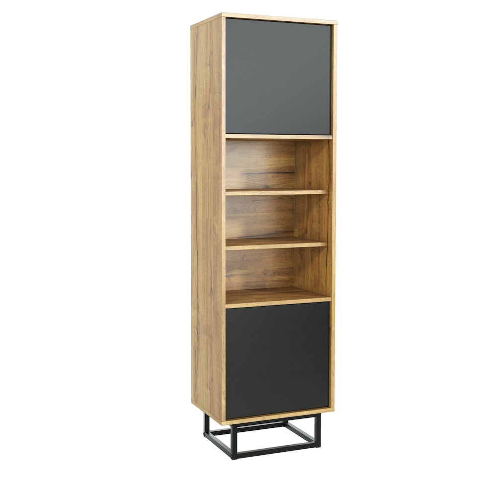 image 1 of Tall Display Cabinet 175cm – Oak Matt & Black Matt with Metal Frame & Hidden Storage N/A | Oak