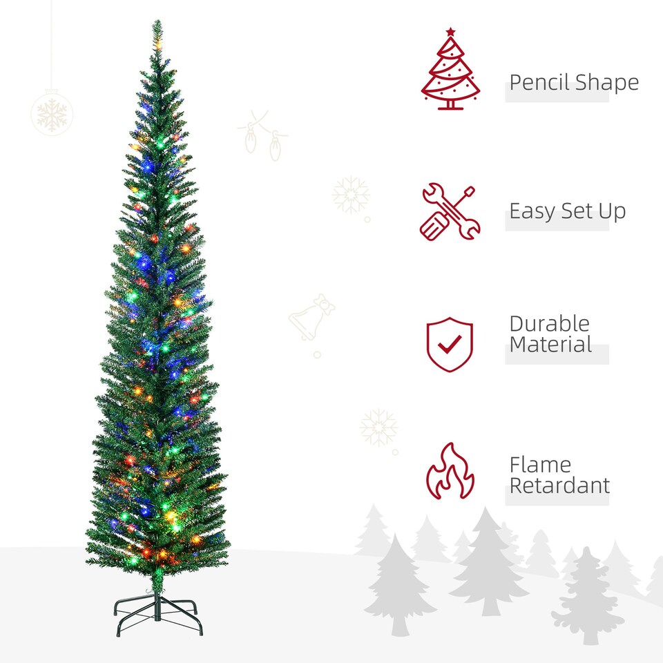 image 1 of HOMCOM 7.5ft Artificial Pencil Christmas Tree with Colourful Lights, Steel Base