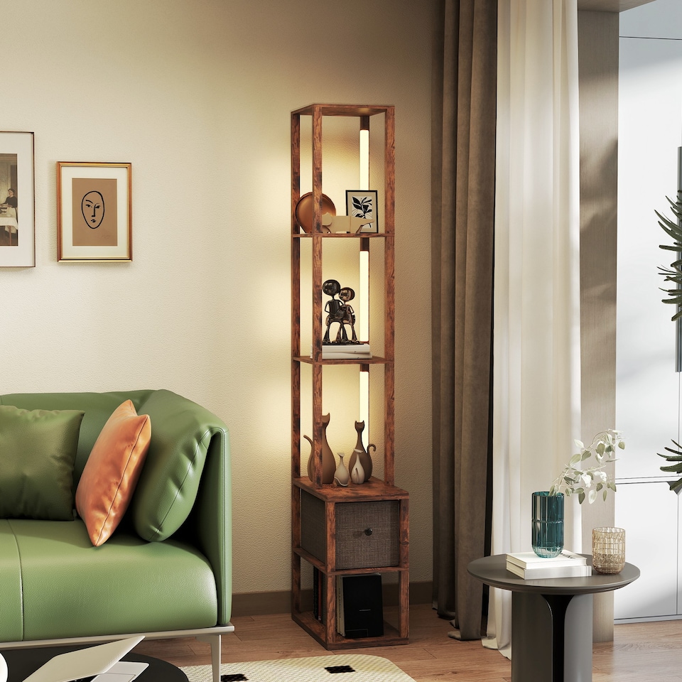 image 1 of HOMCOM Floor Lamp with Shelves, LED Column Modern Standing Lamp with Fabric Drawer, Adjustable Brightness, Foot Switch for Living Room, Bedroom, Office, Rustic Brown | Brown