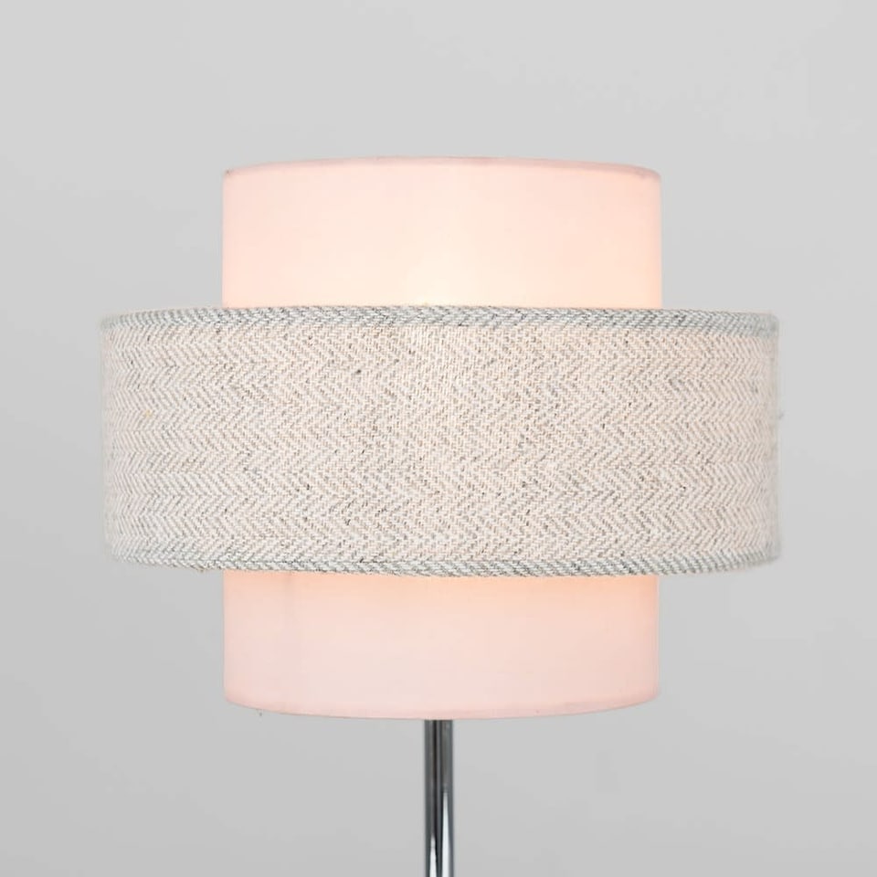 image 1 of ValueLights Weaver Chrome Touch Bedside Table Pink and Grey Herringbone Shade