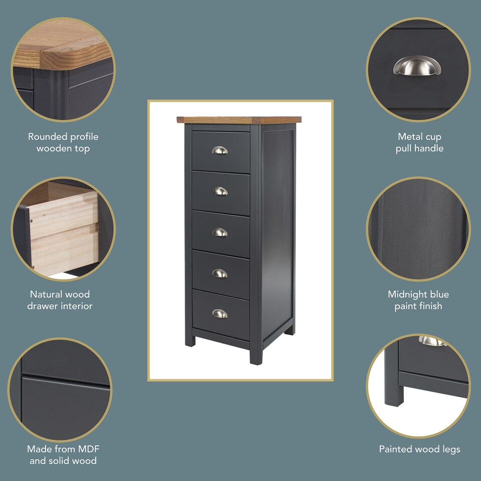 image 1 of Dunkeld 5 Drawer Narrow Chest - Midnight Blue Painted Wood Bedroom Storage with Antique Oak Effect Top and Silver Handles | Blue | Blue | 1