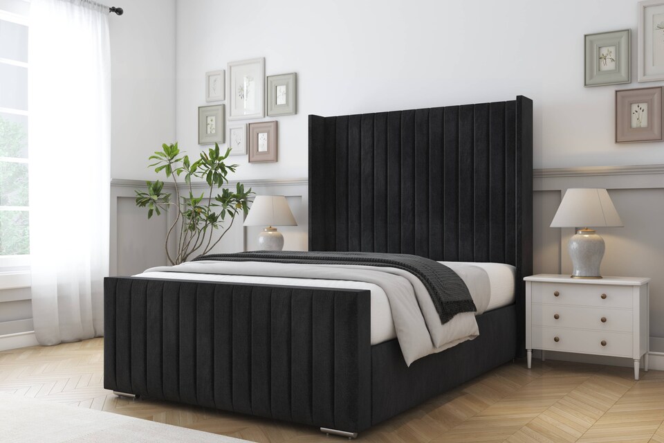 image 1 of Sloomy Marlborough Black Naples Bed Frame With 50"  Upholstered Wingback Headboard 4'6 Double