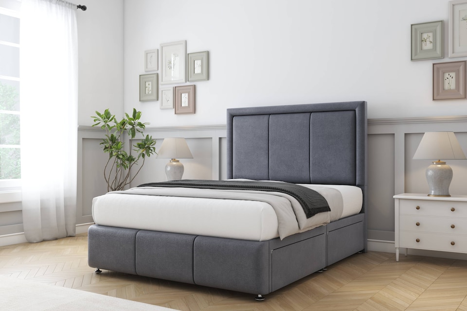 image 1 of Sloomy Lancaster Steel Plush Divan Bed With Mattress 2 Drawers Left Side With 54" Floor Standing Headboard & 12" Matching Footboard 4'6 Double | Grey | Steel | Double | 1