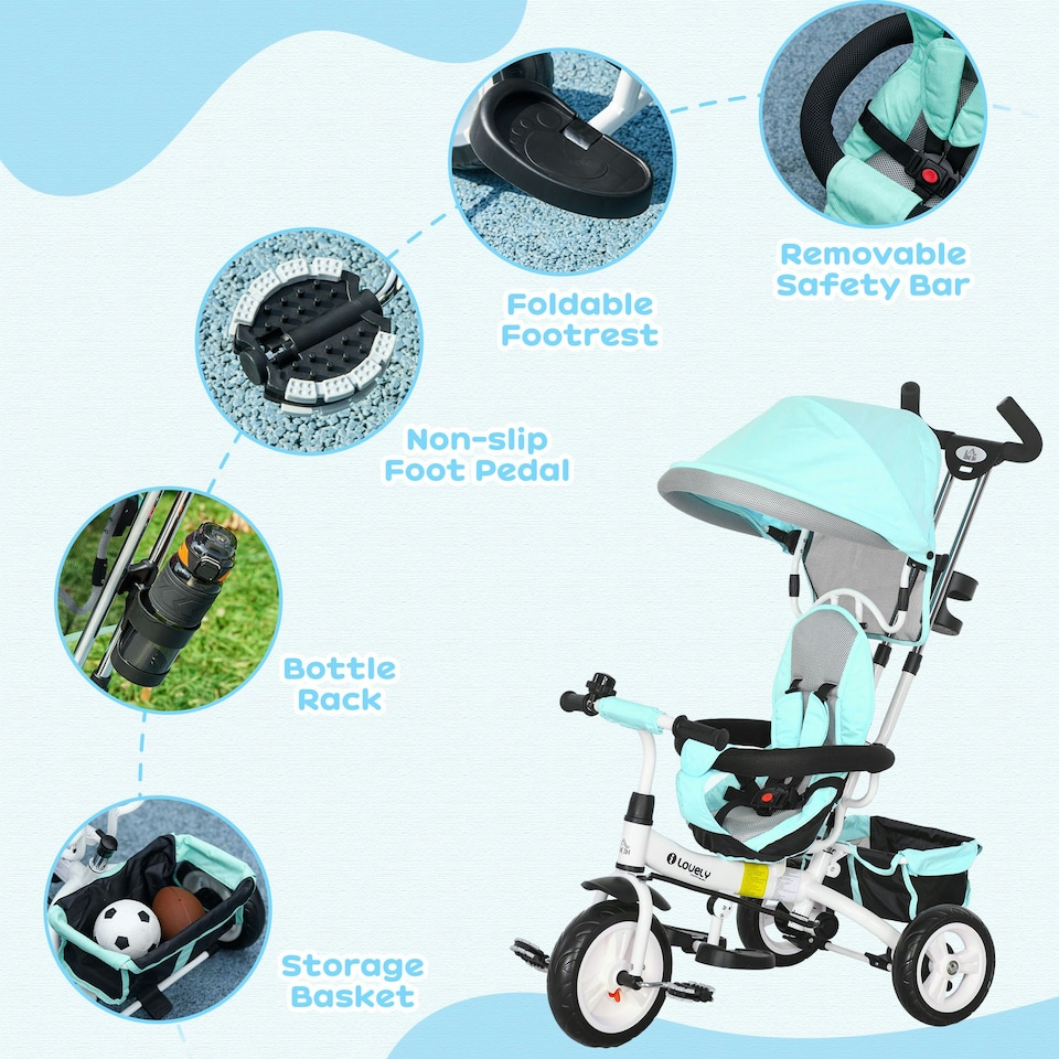 image 1 of HOMCOM 6 in 1 Kids Trike, Stroller with Parent Handle, Green