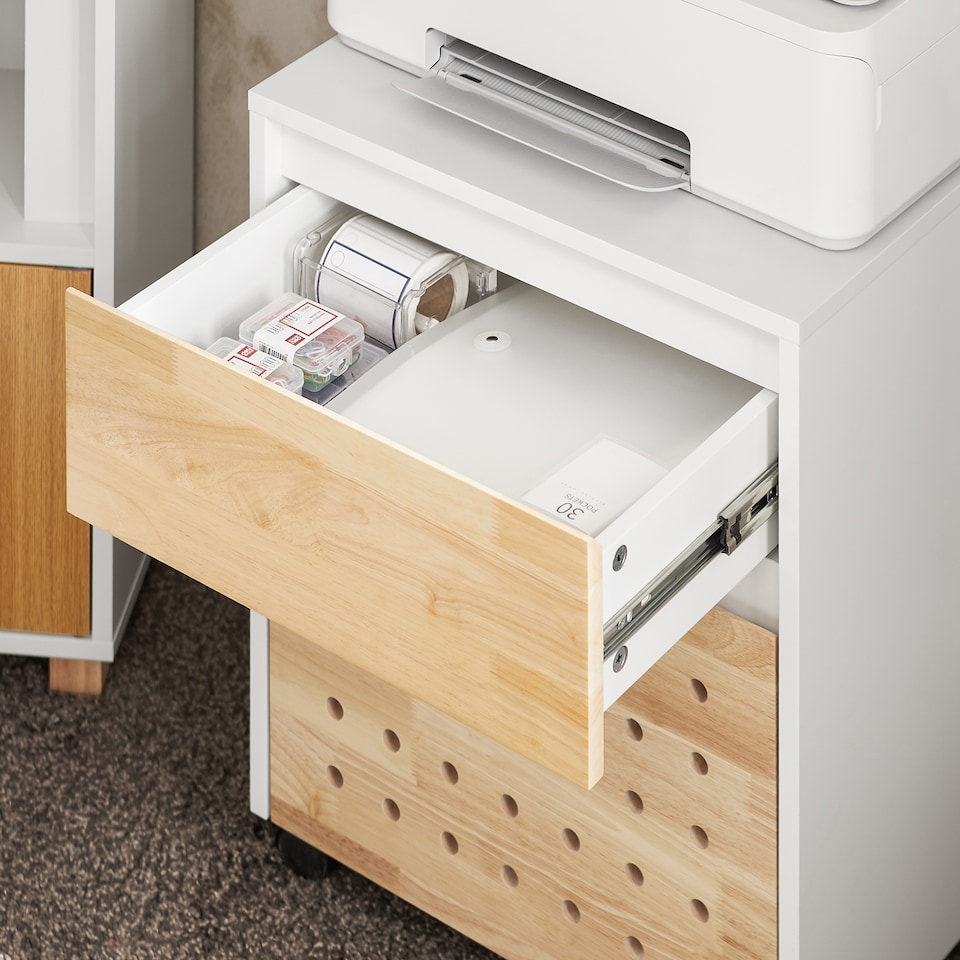image 1 of SoBuy Mobile File Cabinet Printer Stand with 2 Drawers, White & Natural Wood, 17.7x17.7x23.2 inches, 19 kg - ASK06-WN