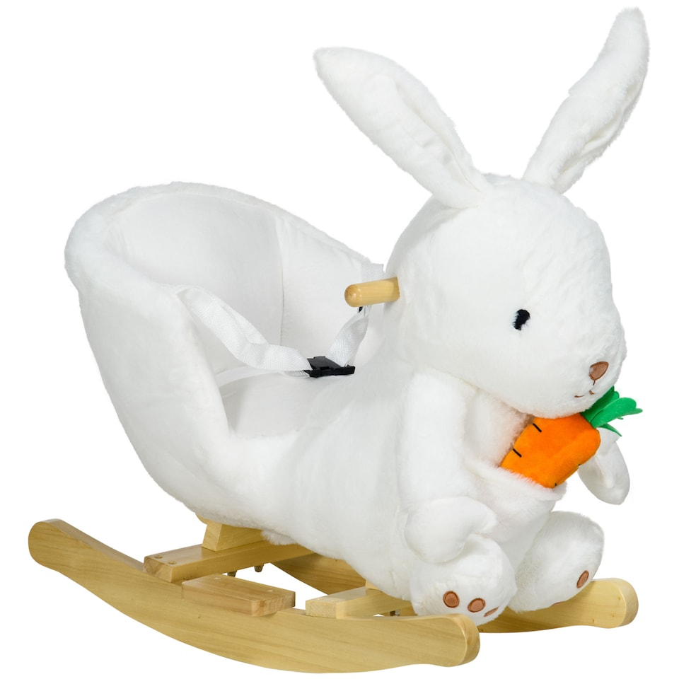 image 1 of HOMCOM Kids Rocking Horse, Plush Rabbit-Shaped Baby Rocking Animal with Carrot Toy, Safety Harness, Realistic Sounds, Foot Pedals, for Toddlers Aged 18-36 Months - White