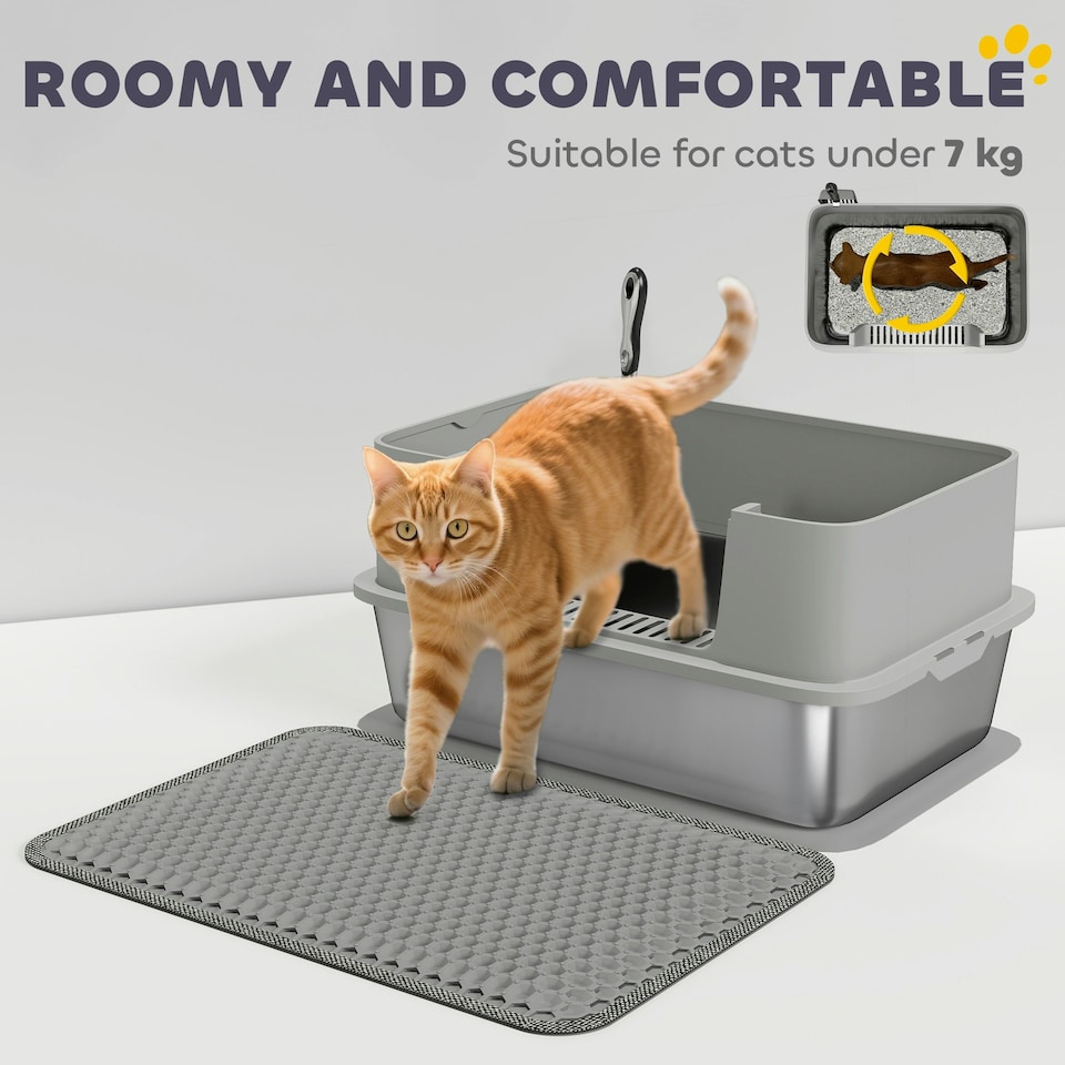 image 1 of PawHut Stainless Steel Litter Box with Scoop, High Sided Cat Litter Tray Grey | One Size