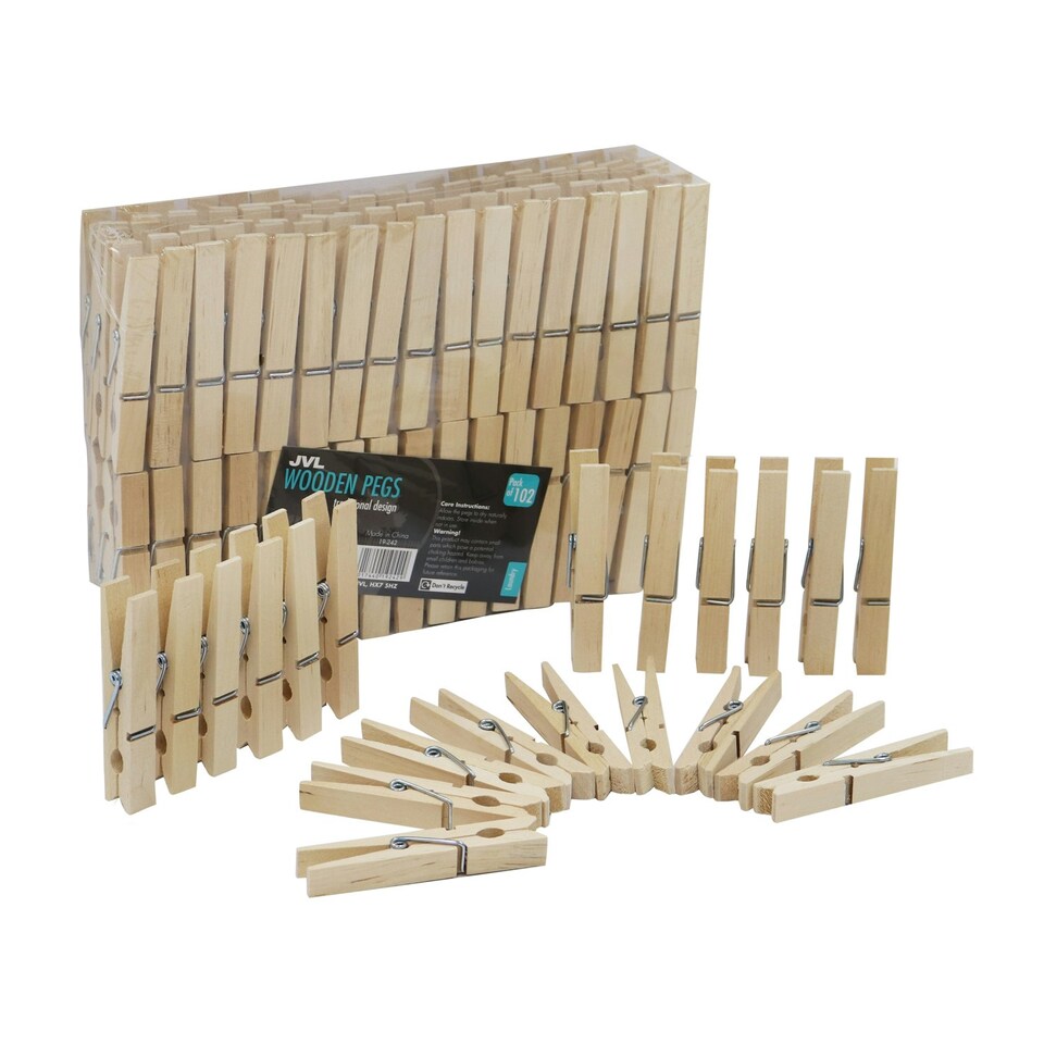 image 1 of JVL Plastic Peg Basket, Grey with 102 Birch Wood Pegs, Brown