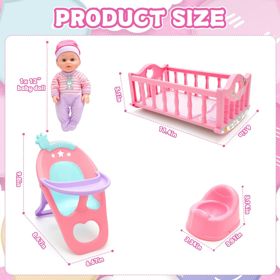 image 1 of 13 Inch Baby Doll Play Set My First Baby Doll with Swinging Crib High Chair and Feeding Accessories Pretend Play Girls Toys