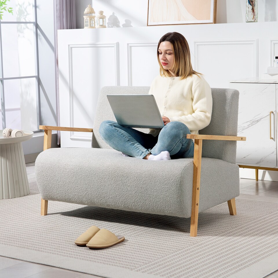 image 1 of HOMCOM 2 Seater Sofa, Small Sherpa Fabric Couch Settee, Nordic Upholstered Loveseat with Wood Legs and Armrests, Thick Seat for Living Room, Bedroom, Office, Light Grey | Grey