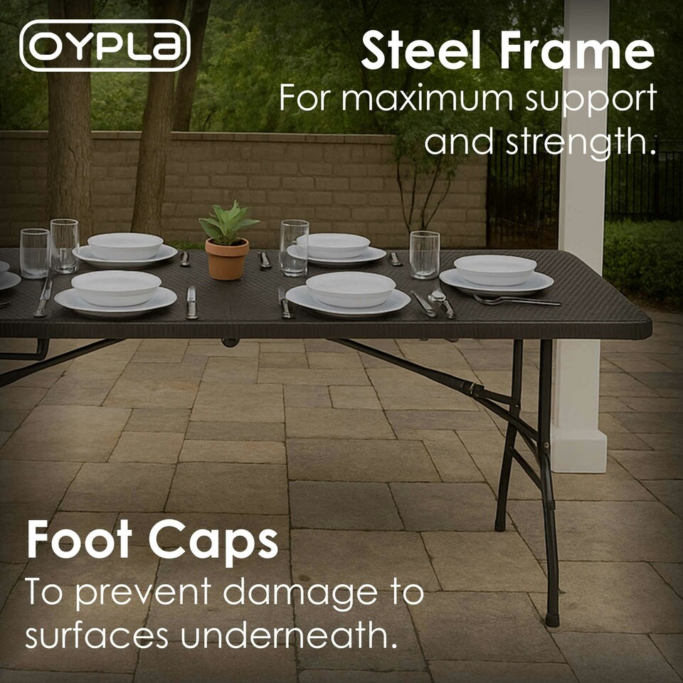 image 1 of Oypla 6ft Folding Rattan Trestle Table Heavy Duty Catering Garden Party 1.8m Black
