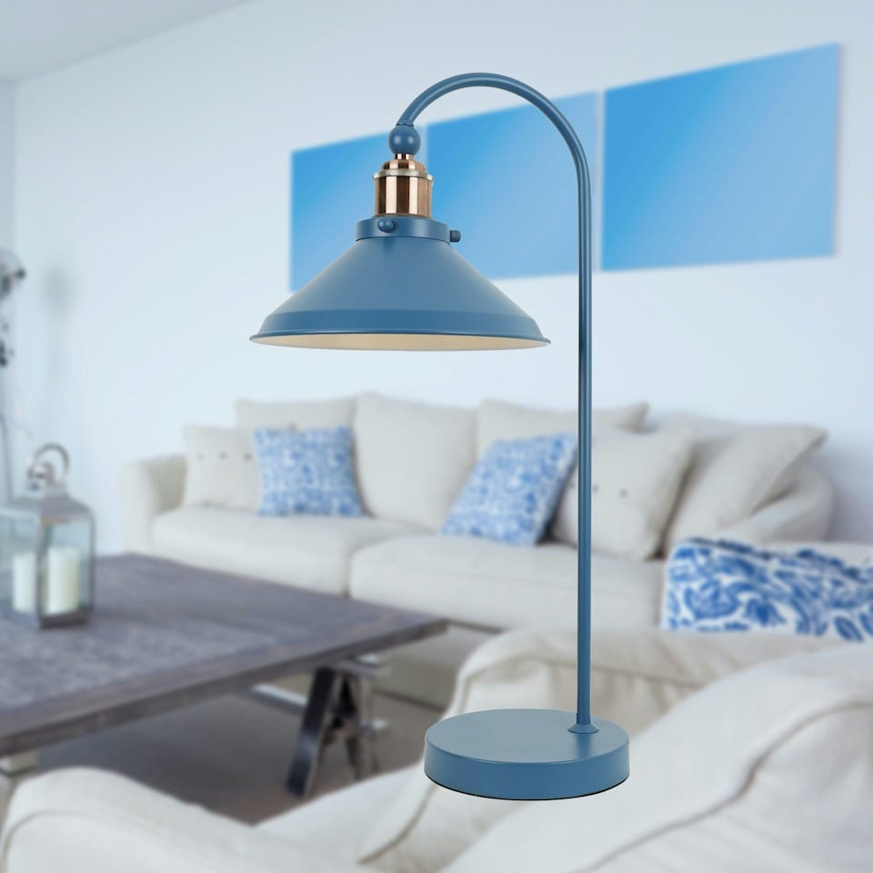 image 1 of First Choice Lighting Set of 2 Maxwell Mirage Blue Brushed Copper Task Table Lamps | Blue | Copper | Large