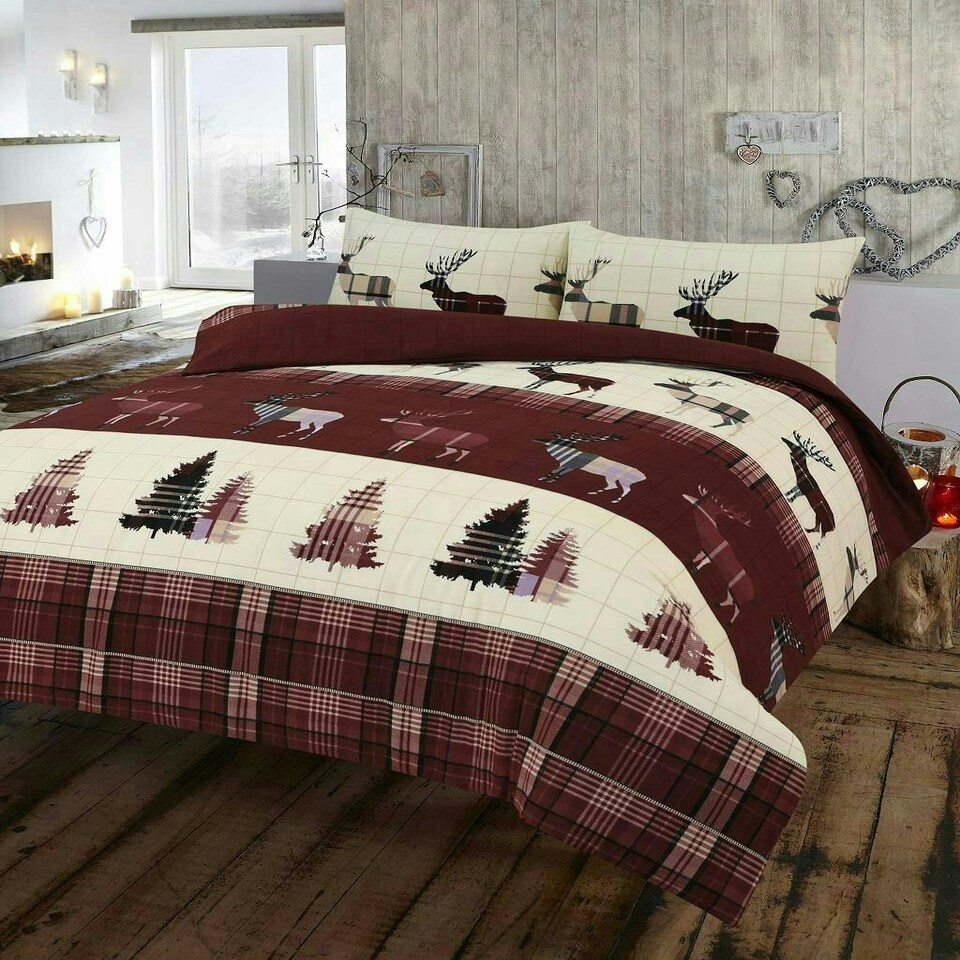 Brushed Cotton Tartan Stag Duvet Cover Set - Super King - Brown