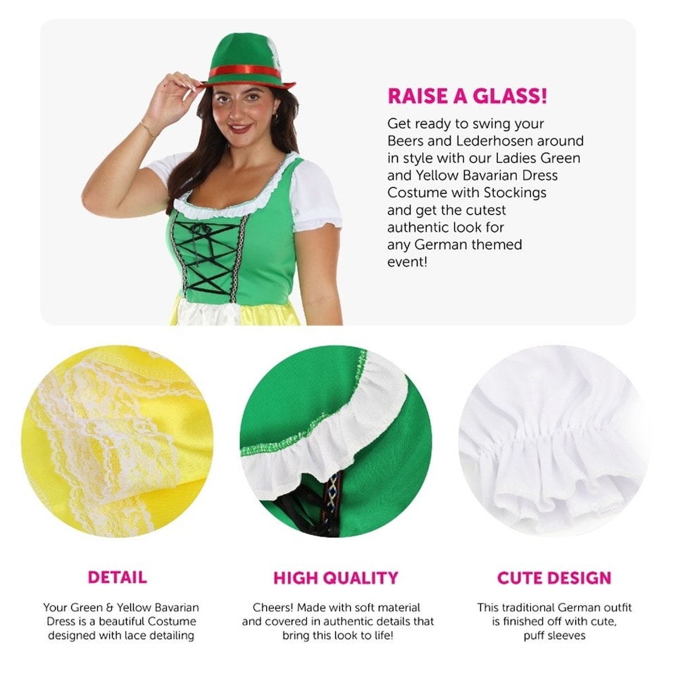 image 1 of Green & Yellow Bavarian Dress with Bow Stockings | Green | S