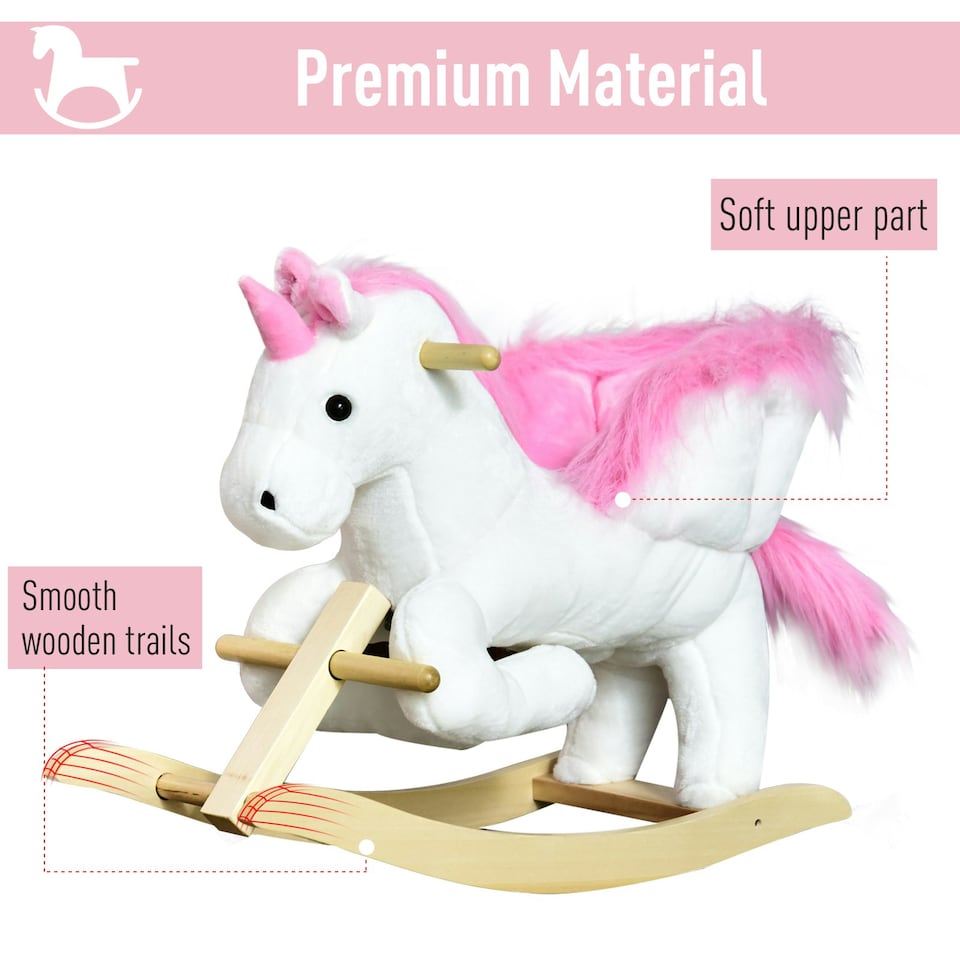 image 1 of HOMCOM Kids Wooden Ride On Unicorn Rocking Horse Plush Toy Soft Seat Pink