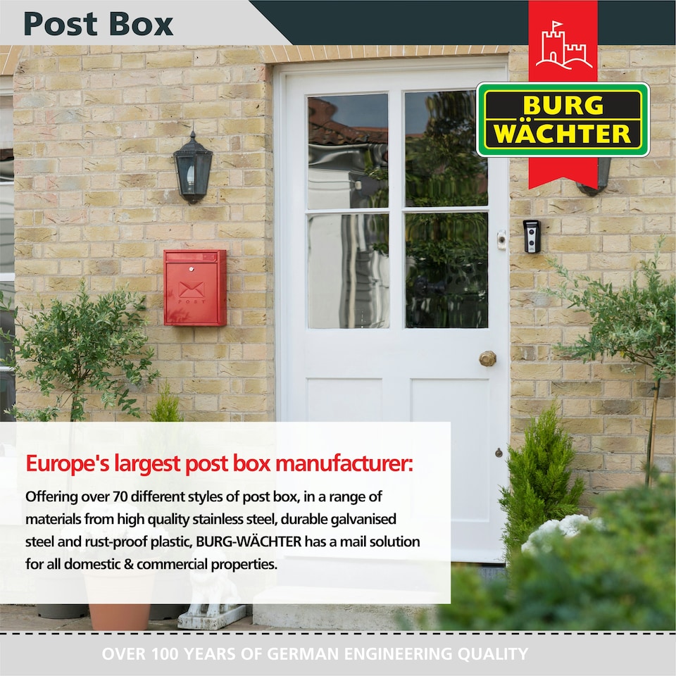 image 1 of Burg-Wachter Compact Wall Mounted Galvanised Steel Post Box - 26x33x9cm Red