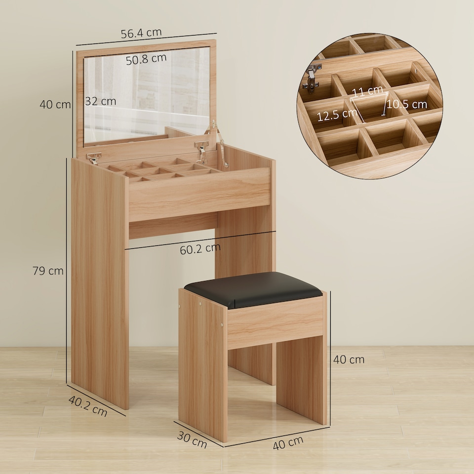 image 1 of HOMCOM Dressing Table Set Cushioned Stool Flip-up Mirror Chipboard - Wood Grain
