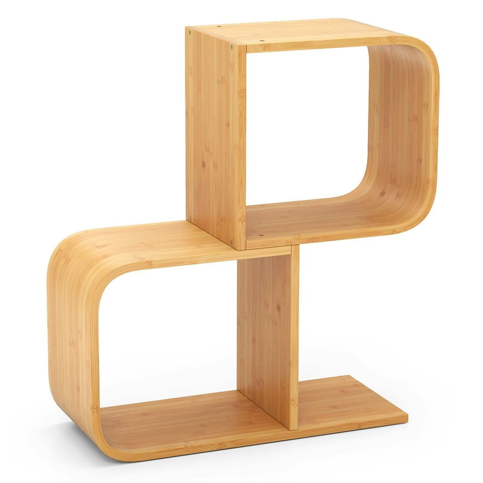 image 1 of COSTWAY 2-Tier S-Shaped Bookcase Bamboo Bookshelf Brown