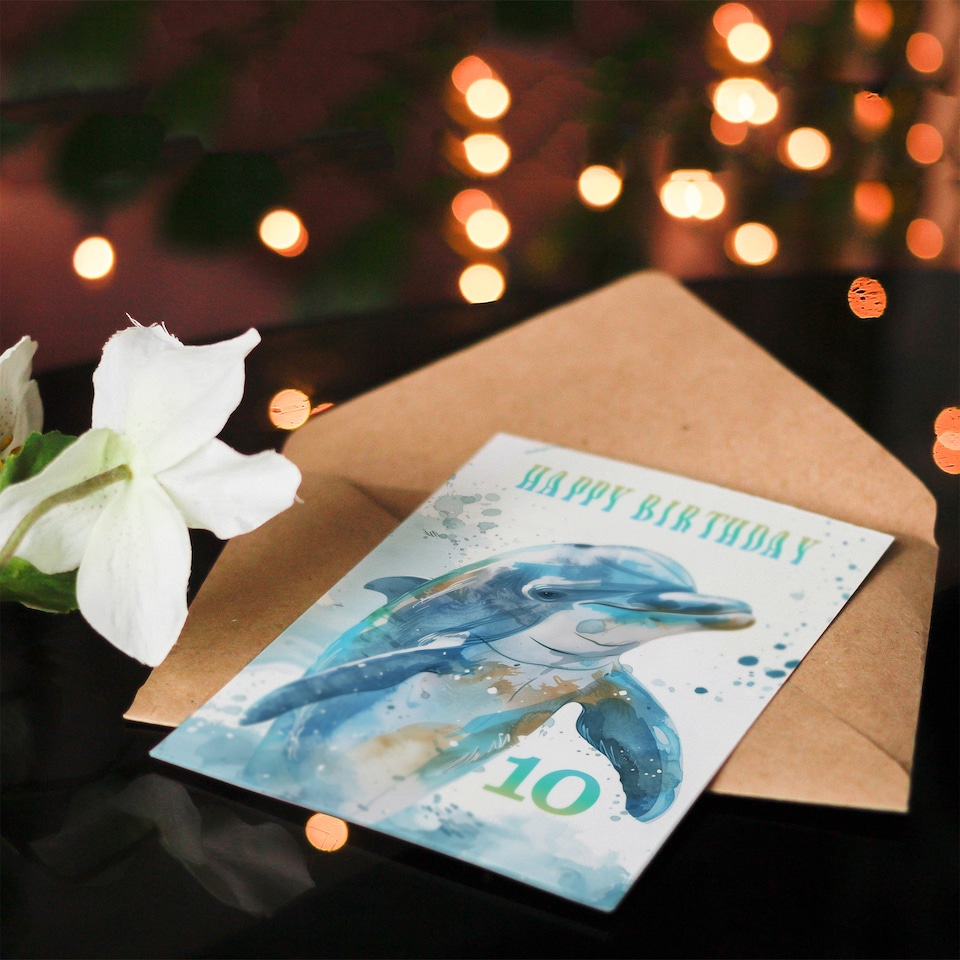 image 1 of Sea Watercolour Dolphin 10th Ten Age 10 Year Old Birthday Card