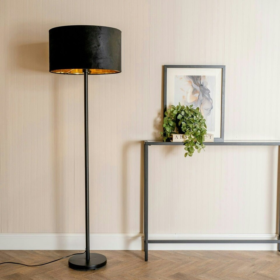 image 1 of ValueLights Charlie Black Floor Lamp Black Velvet Gold Shade