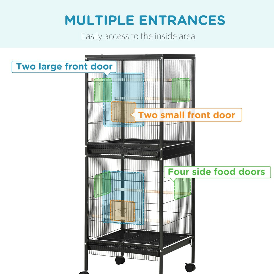 image 1 of PawHut 2 In 1 Large Bird Cage Aviary with Wheels, Slide-out Trays Wood Perches