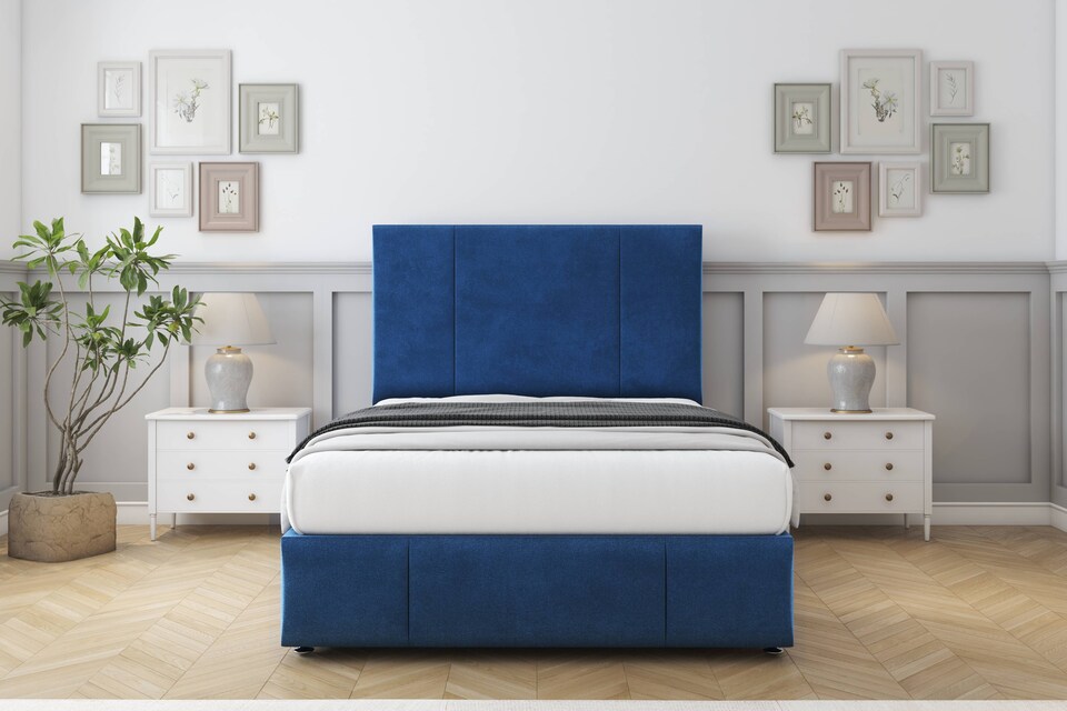 image 1 of Sloomy Lisbon Navy Plush Divan Bed Base 4 Drawers With 26 Inch Strutted Headboard & 12 Inch Matching Footboard | Blue | Navy | Double | 1