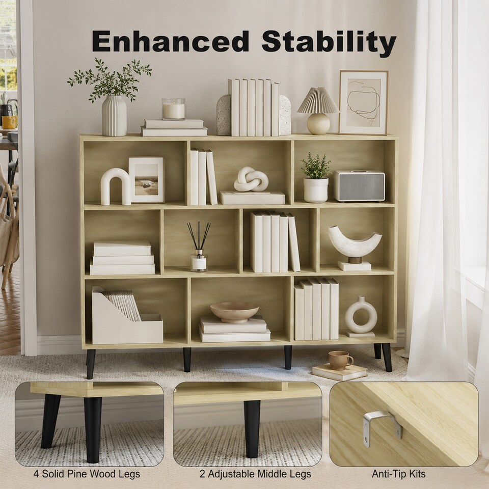 image 1 of HOMCOM 3-Tier Bookshelf with 10 Cubbies, Book Shelf with Wood Legs