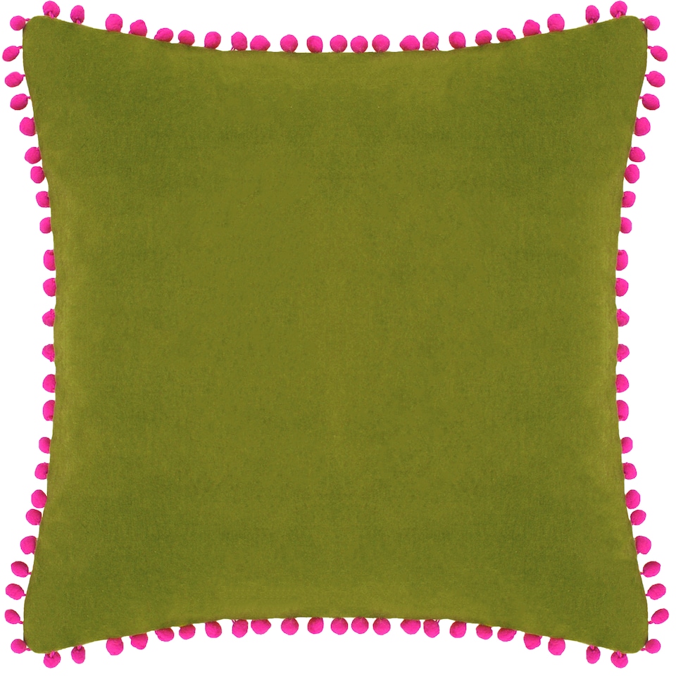 image 1 of Paoletti Velvet Pom Pom Cushion, Green/Fuchsia, 45 x 45cm