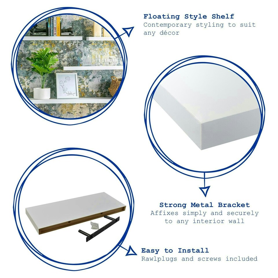 image 1 of Harbour Housewares Modern Floating Wall Shelves - 60cm - White - Pack of 2