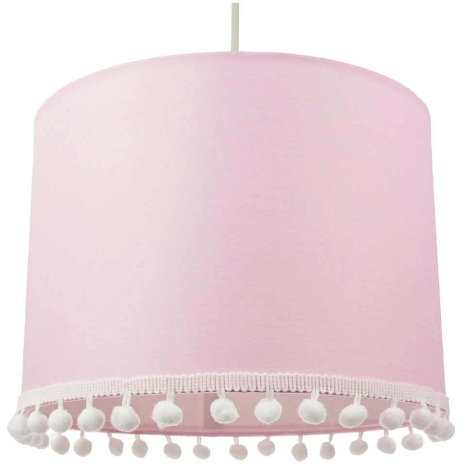 image 1 of Cute and Modern Pink Cotton 10" Lamp Shade with Small White Woolly Pom Poms | Pink | Pink | 1