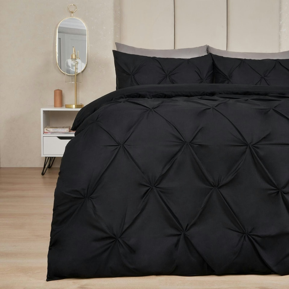 image 1 of OHS Pinch Pleat Diamond Pintuck Duvet Cover and Pillowcase Bedding Set, King - Black