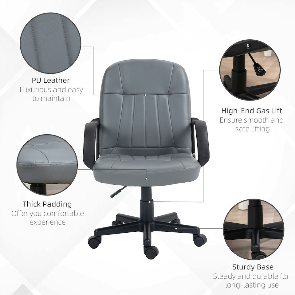 image 1 of HOMCOM PU Leather Office Chair Swivel Home Mid-Back Computer Desk Chair, Grey