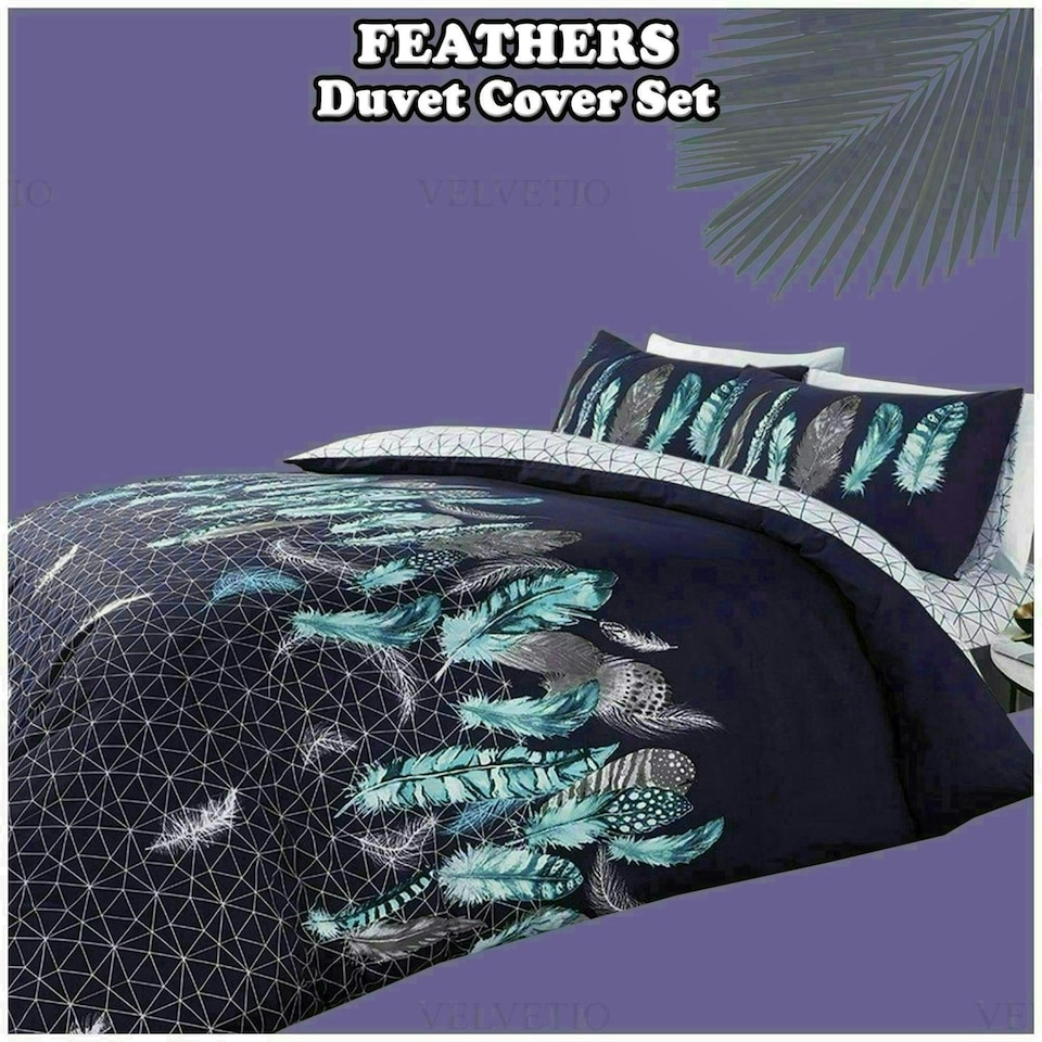 image 1 of VELVETIO Feathers Geometric Printed Duvet Cover Set Reversible Polycotton Beddings Grey | Super King